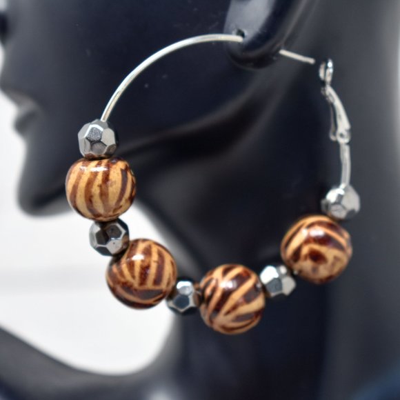 2" Zebra Print Wood Beads Leverback Hoop Earrings - Picture 7 of 12